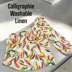 Calligraphie One Shoulder Tropical Floral Washable Linen 3/4 Sleeve Blouse